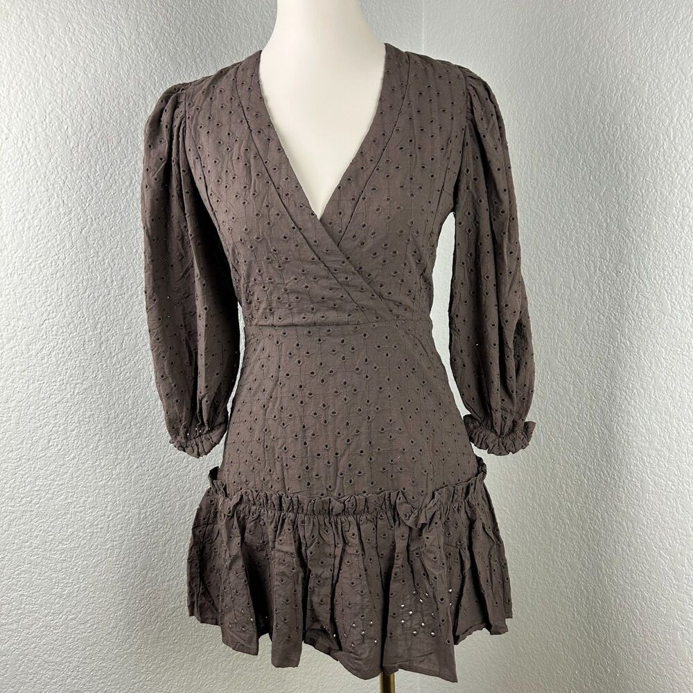 Olivaceous Women's Dress Long Sleeve Cotton Faux Wrap Brown Eyelet Size Small